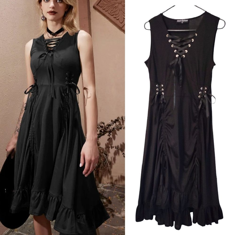 Scarlet Darkness Black Steampunk Lace Up‎ Drawstring Dress Medium Whimsigoth